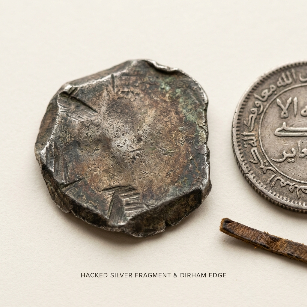 Close up of hacked silver fragment with cut marks and patina beside an Islamic dirham showing scale and fine detail of old viking jewelry on a neutral beige background