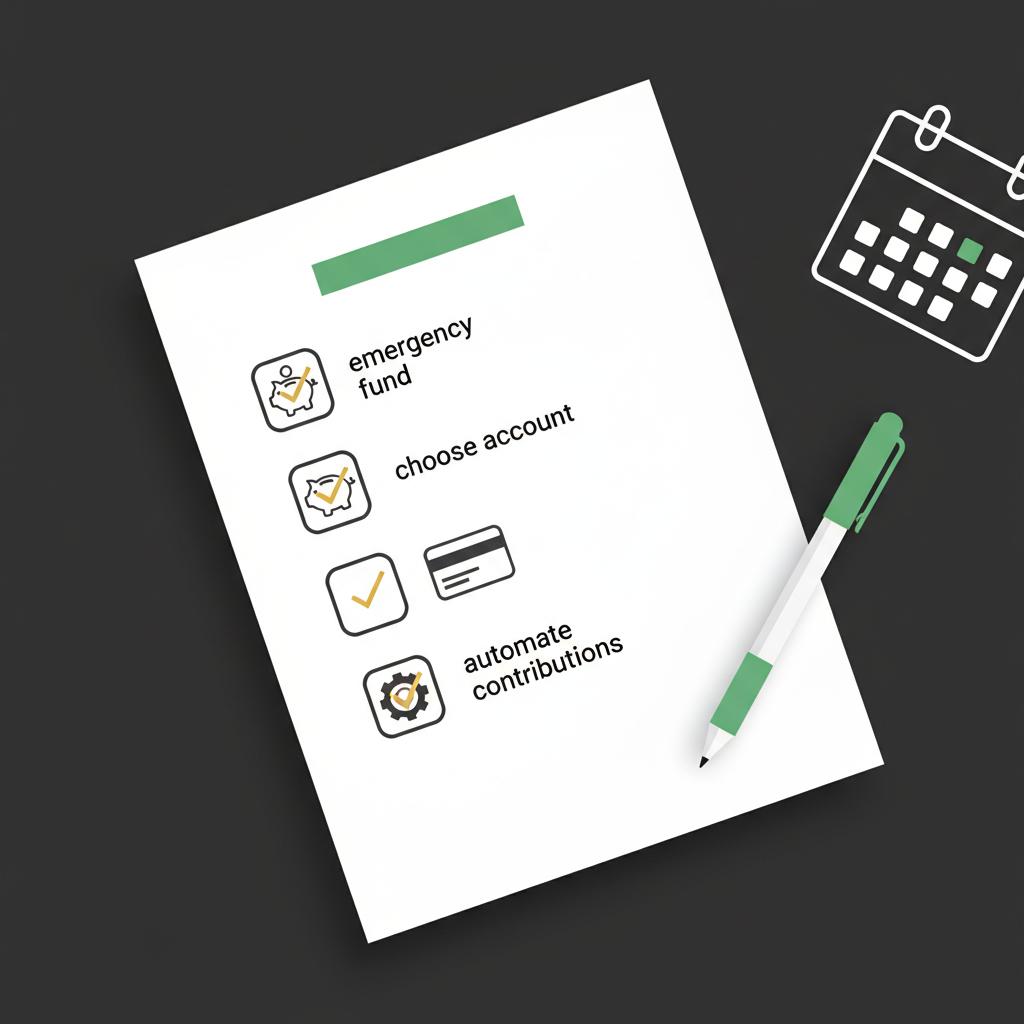 Minimal 2D vector close up of a checklist with three icon based checked items for emergency fund account selection and automated contributions beside a pen and calendar how to start investing
