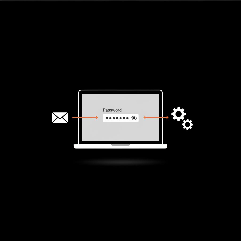 Minimal vector infographic of laptop with password field, eye icon, envelope and gear icons connected by arrows on black background — find gmail password without resetting