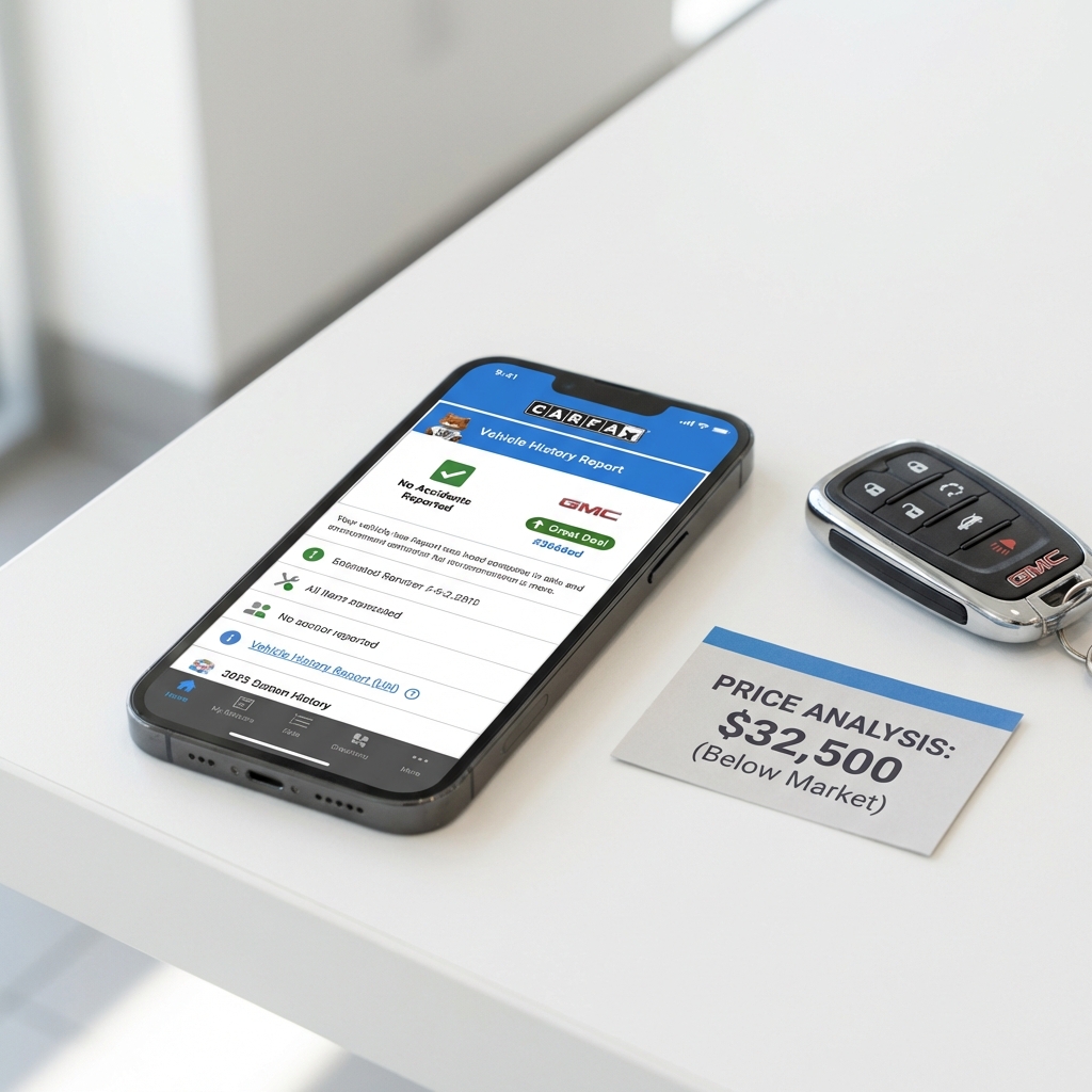 Close up of a vehicle history report on a phone screen beside a GMC key fob and a printed price analysis label for gmc car dealership near me