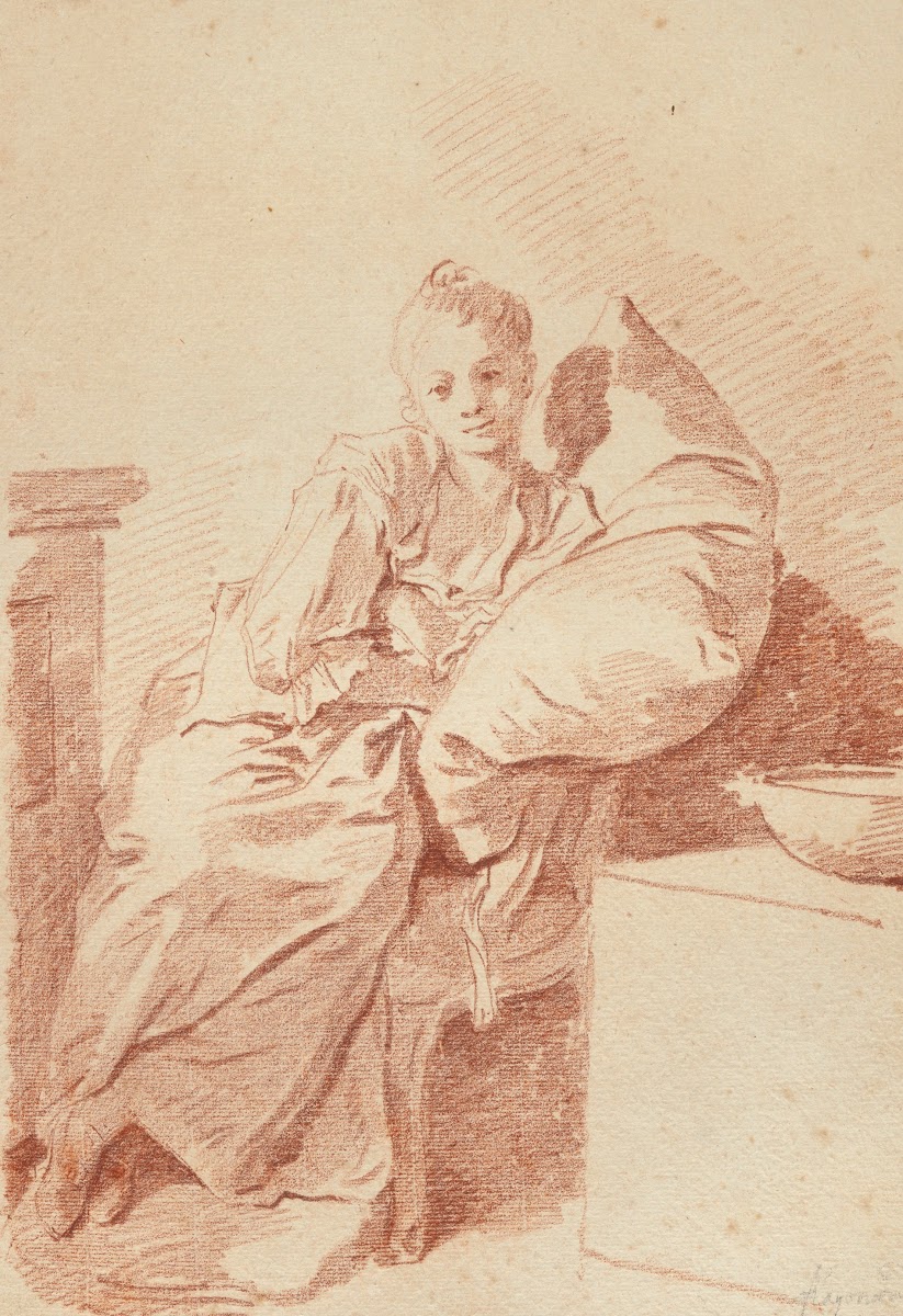 A young girl seated in an interior leaning against a pillow La Jeune malade