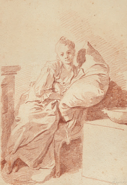 A young girl seated in an interior leaning against a pillow La Jeune malade