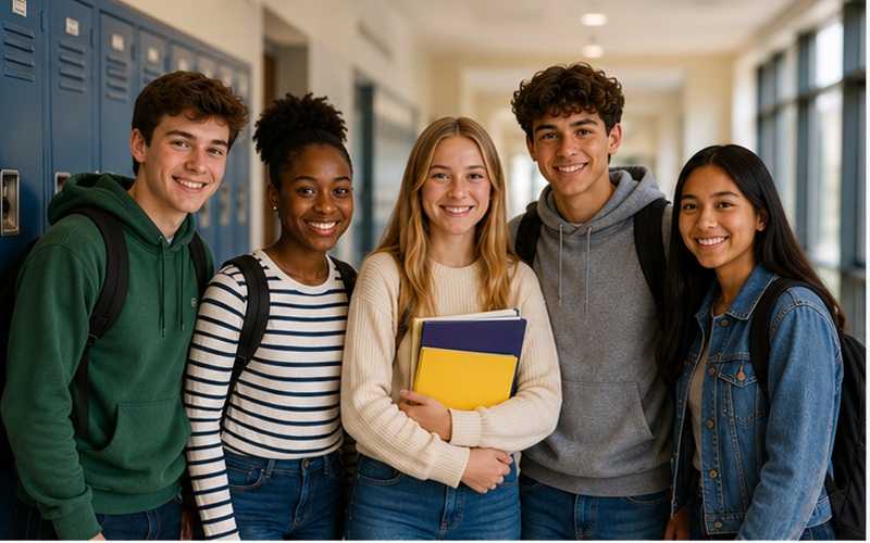 9th grade students at their lockers