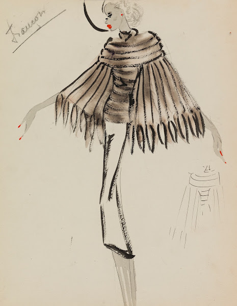 Cape brune travaillée en bandes sur robe blanche 1938