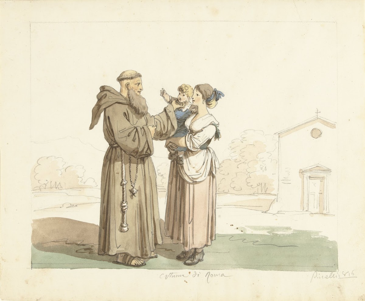Jonge vrouw met kind staande voor een monnik 1816