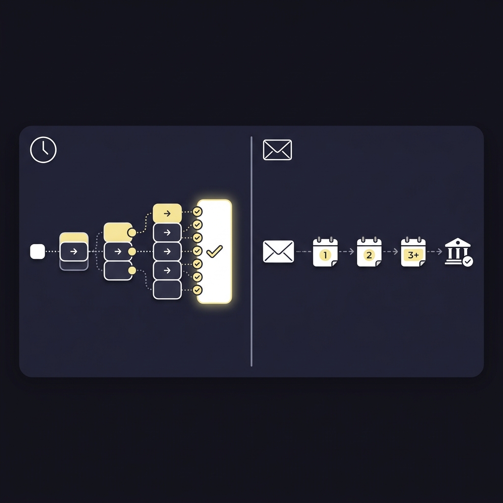 Minimalist 2D vector timeline comparing quick crypto transaction confirmations to a mailed bank draft taking days illustrated with icons and timelines in Funded Plays colors betnow phone number