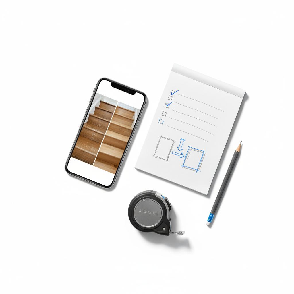Flat-lay workshop scene with smartphone before-and-after repair photo, notepad checklist, tape measure and pencil to promote myself as a handyman in Agency Visible brand colors.
