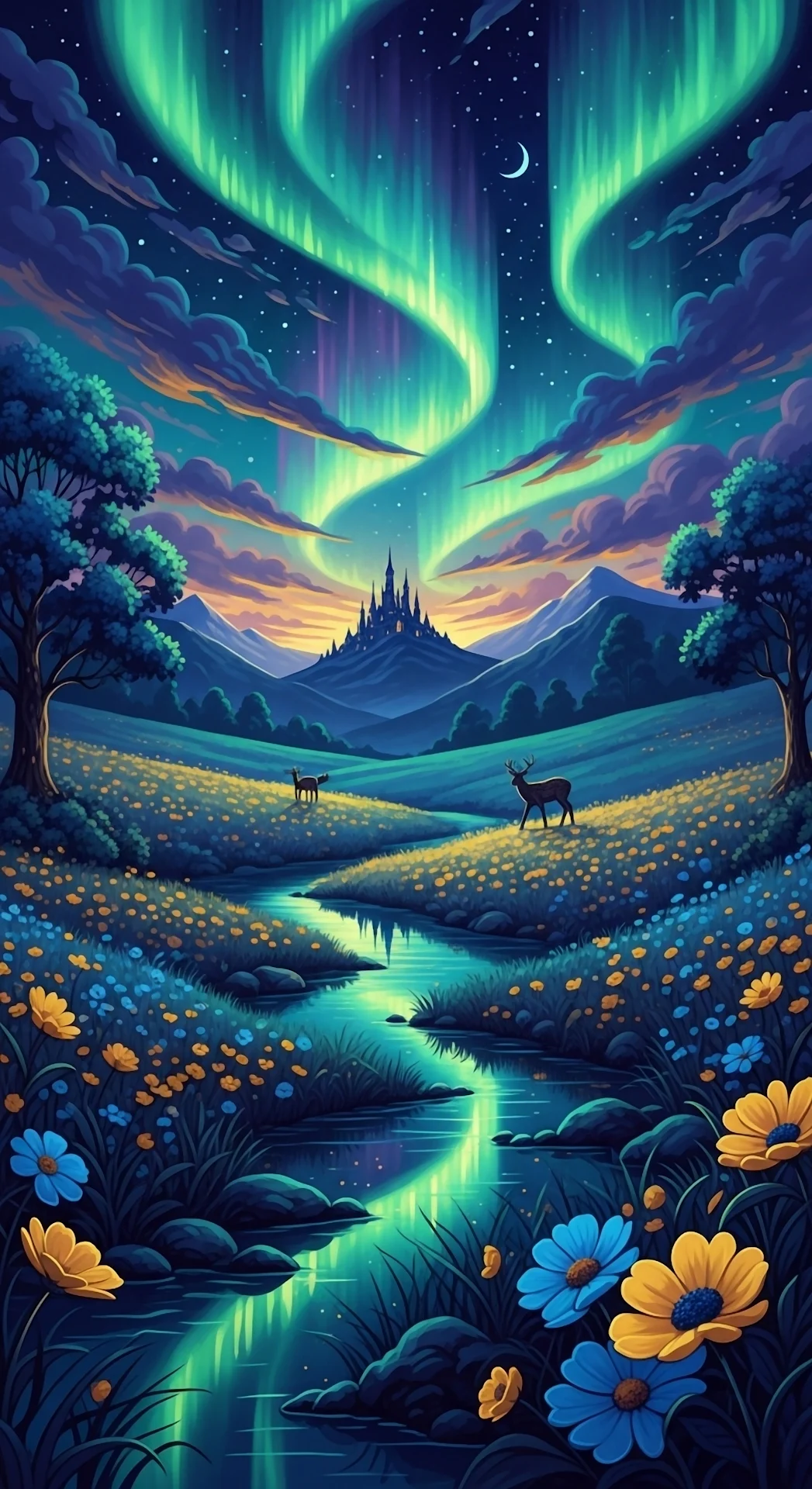 Fantasy Valley with Aurora Borealis and Distant Castle - Free 4K mobile Wallpaper