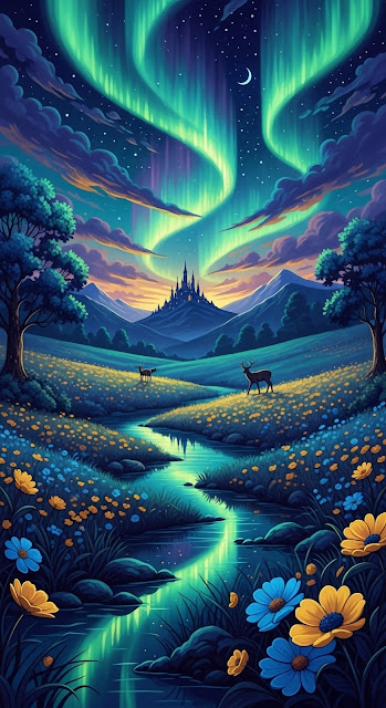Fantasy Valley with Aurora Borealis and Distant Castle - Free mobile Wallpaper