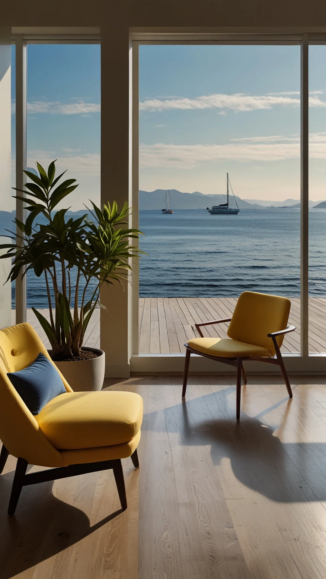 Luxury Coastal Interior Design Yellow Chairs Ocean View Deck - Free 4K mobile Wallpaper