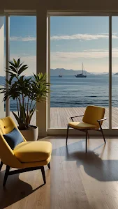 Luxury Coastal Interior Design Yellow Chairs Ocean View Deck