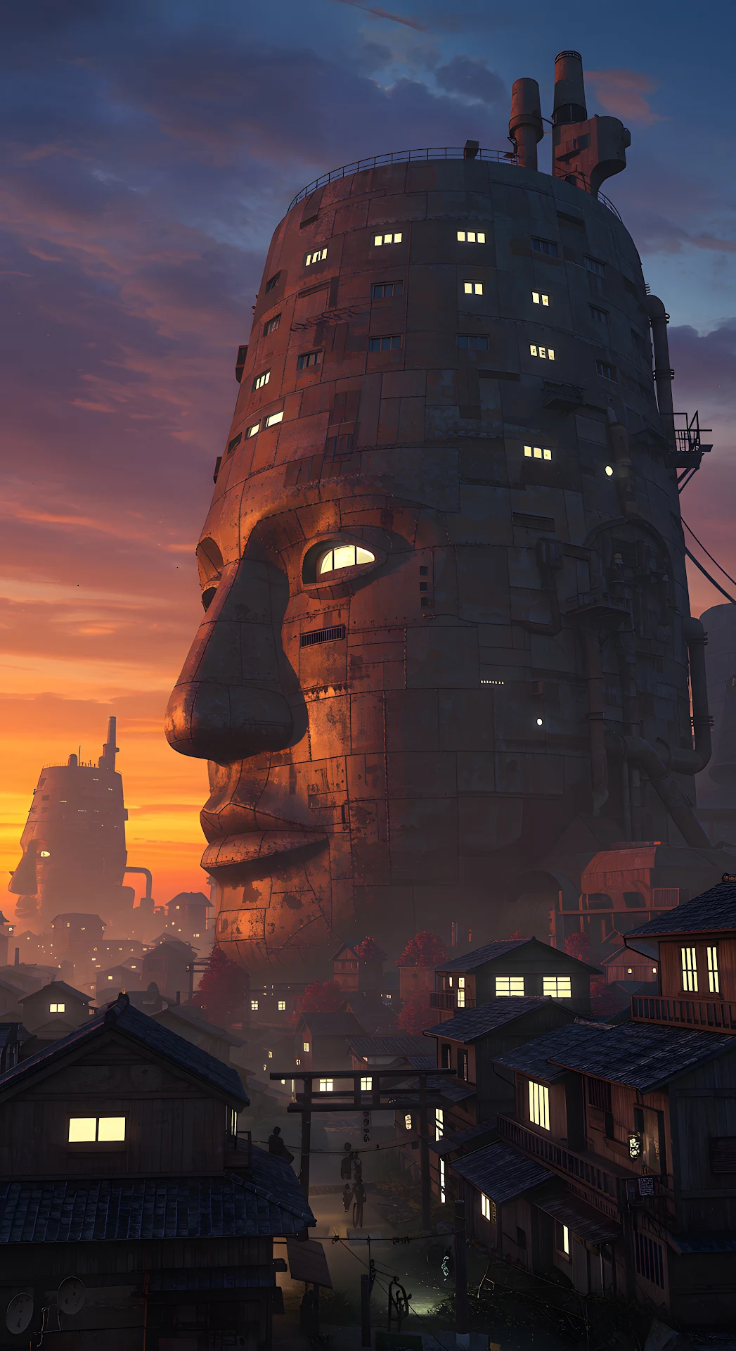 Colossal Industrial Face Structure over Japanese Town - Free 4K mobile Wallpaper
