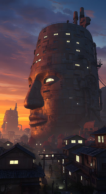 Colossal Industrial Face Structure over Japanese Town - Free mobile Wallpaper