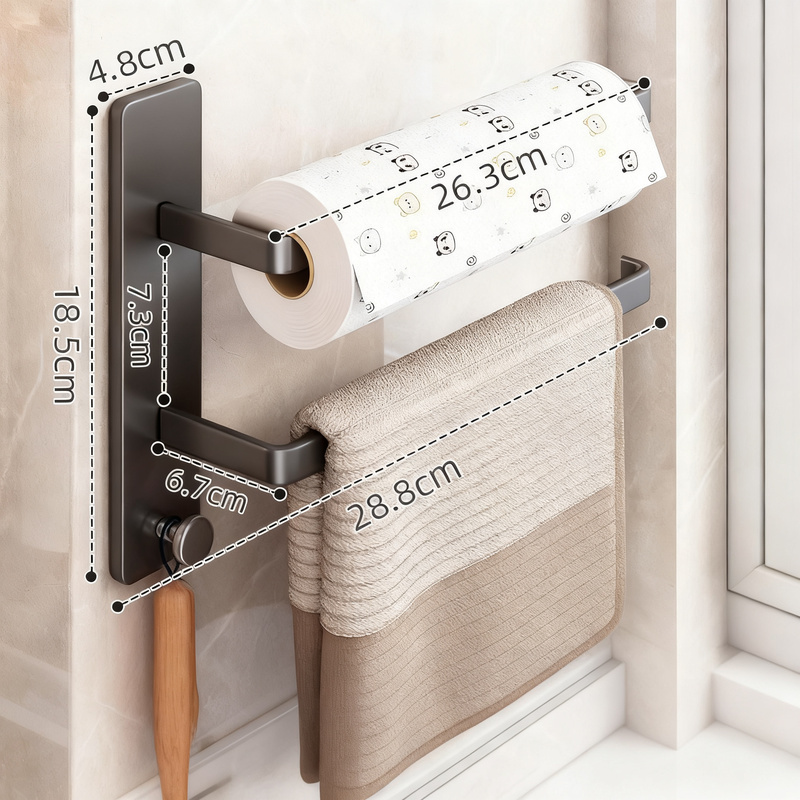 Kitchen wall holder for rolls and cloths, metal