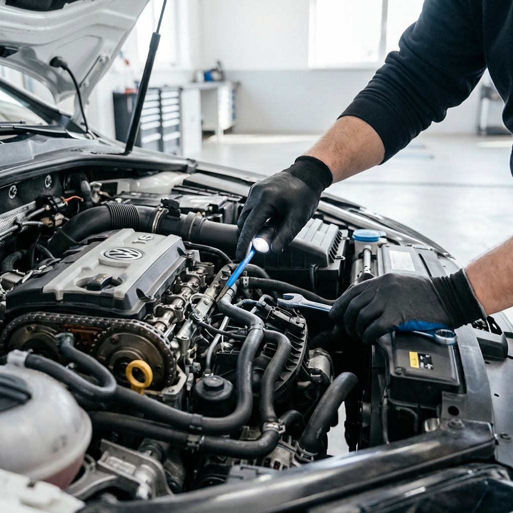 Close up of mechanic hands pointing at timing chain and coolant hoses under open hood of the most reliable Volkswagen car in a clean neutral workshop with brand blue 3666ed tool accents