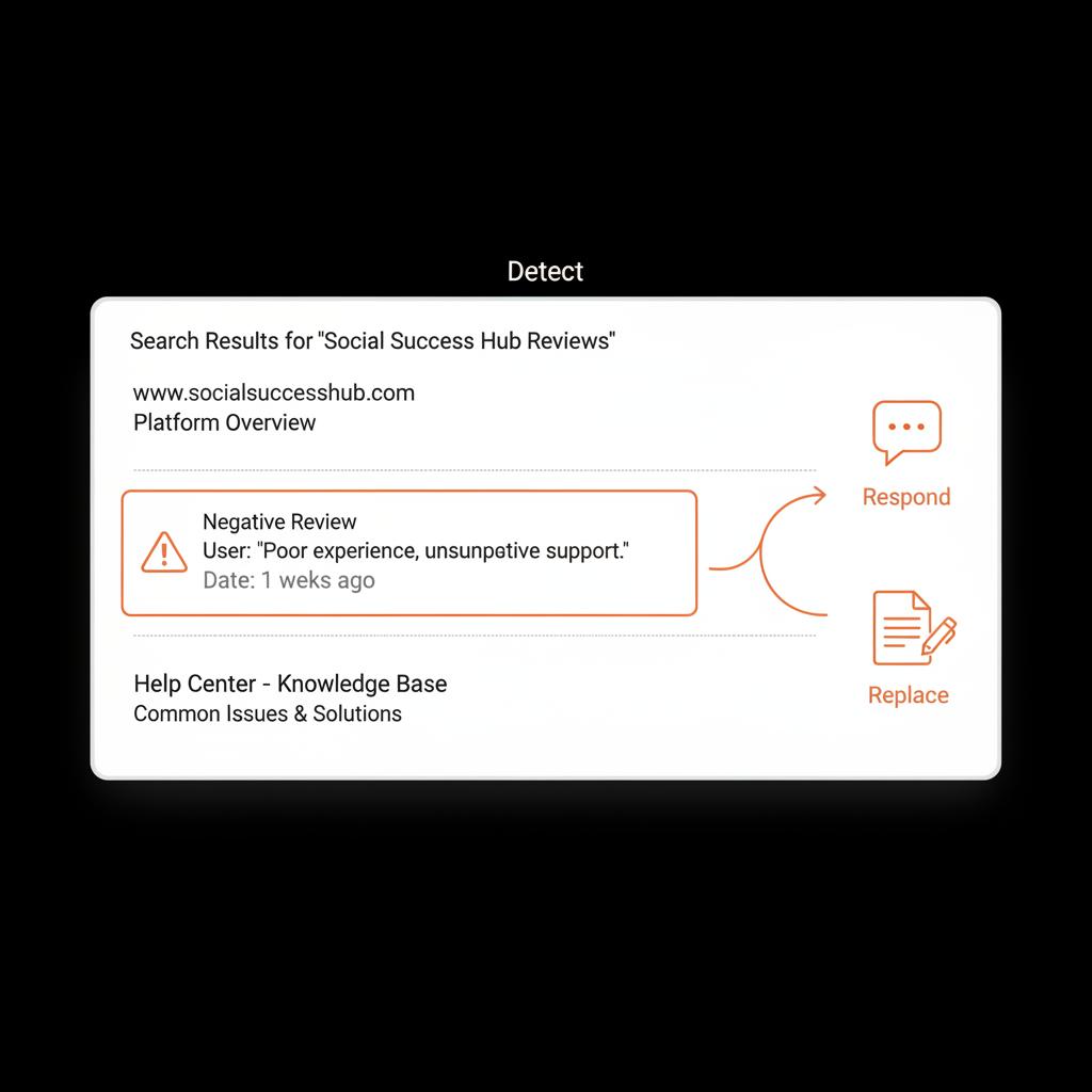 Minimal vector infographic of a search results page with one negative review highlighted and arrows showing response and replacement content - remove my name from Google reviews
