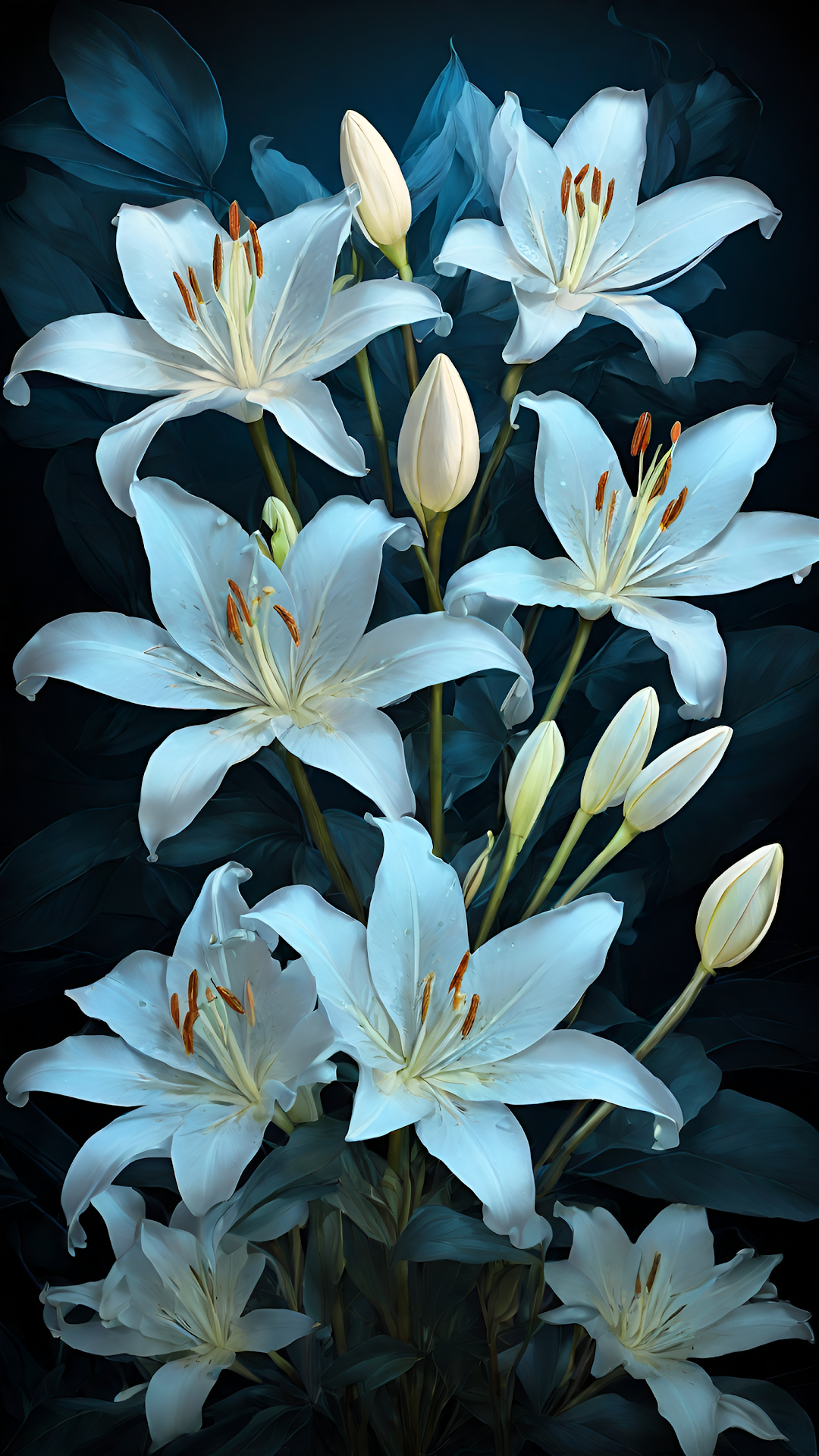 Elegant white lilies bloom against deep blue shadowed leaves - Free 4K mobile Wallpaper