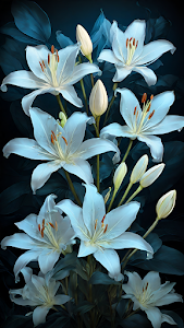 Elegant white lilies bloom against deep blue shadowed leaves