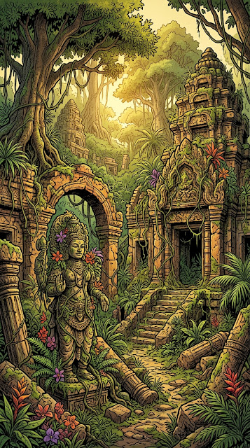Ancient Jungle Ruins with Overgrown Stone Statues and Vines - Free mobile Wallpaper
