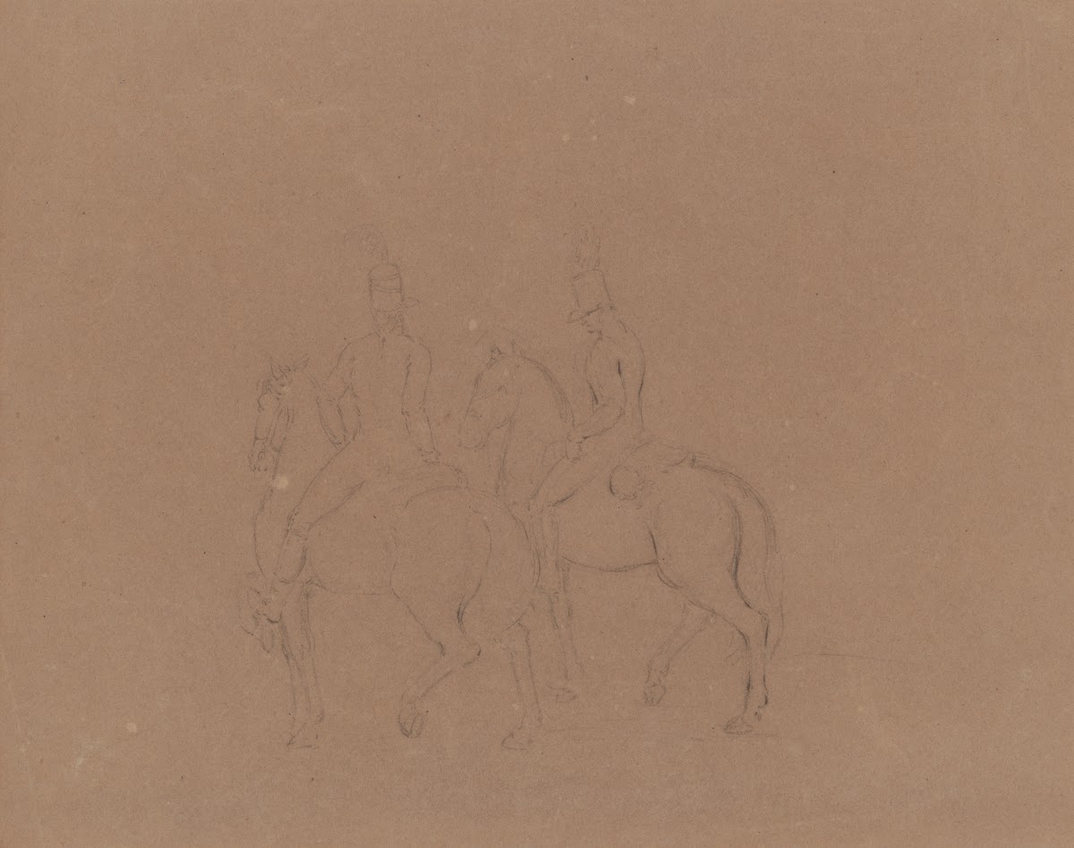 Sketch of cavalry on horseback seen from behind and side horses facing left 1809