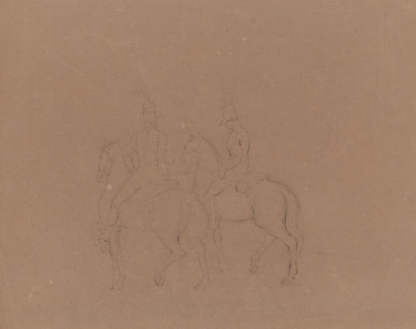 Sketch of cavalry on horseback seen from behind and side horses facing left 1809
