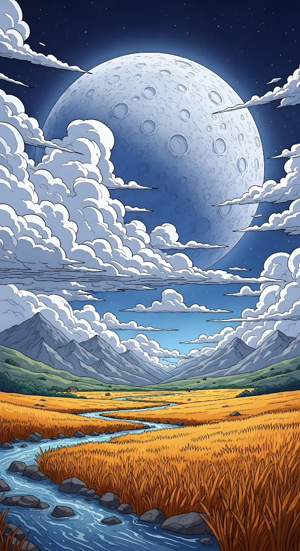 Giant Moon Over Golden Field and Mountain Valley Illustration