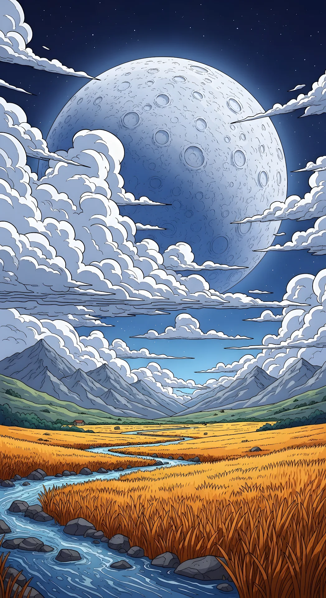 Giant Moon Over Golden Field and Mountain Valley Illustration - Free 4K mobile Wallpaper