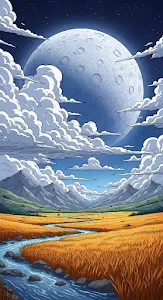 Giant Moon Over Golden Field and Mountain Valley Illustration