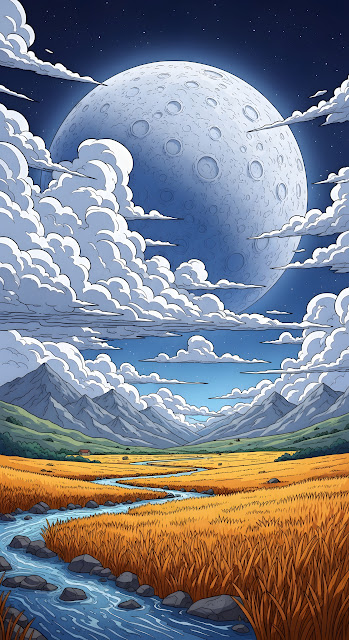 Giant Moon Over Golden Field and Mountain Valley Illustration - Free mobile Wallpaper