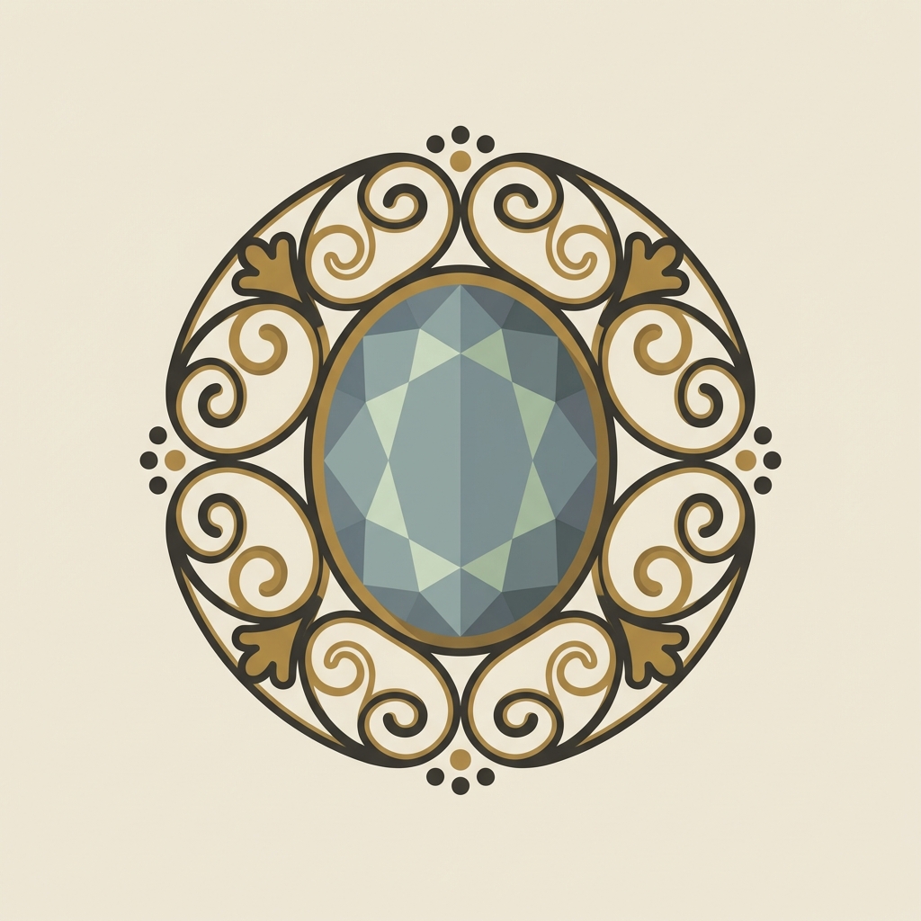 Minimal vector close up of a medieval locket enamel and gemstone setting on a pale beige background in Aurora Antiqua palette