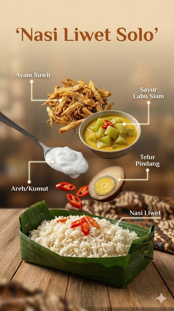 Fotografía cinematográfica ultrarrealista de un plato tradicional indonesio, presentada como si flotara...