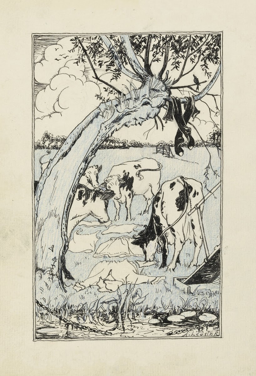 Koeien tussen het wasgoed in een weiland 1925