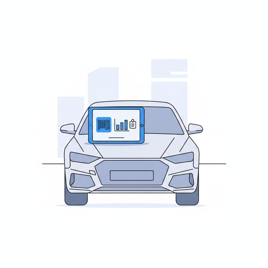 Minimal 2D vector of a tablet showing vehicle history icons and price analysis charts on a sedan hood at an audi car dealership in CarFax Deals color palette