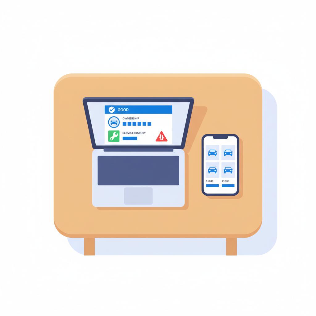Top down minimalist vector of a laptop showing a simplified vehicle history report and a phone with listings on a kitchen table suggesting at home research for used cars under 10000
