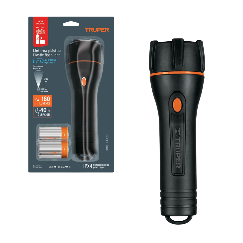 Linterna Plastica de Mano 1 LED 180 lm 200 metros 2 Pilas D 40 horas Truper LIPLA-180