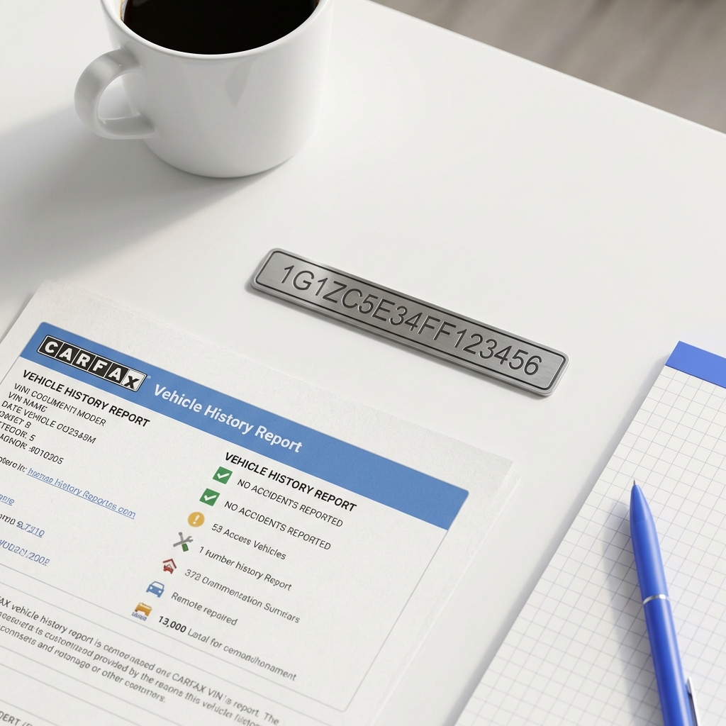 Close up of a VIN plate and vehicle history report on a white table with coffee cup and notepad showing subaru forester for sale