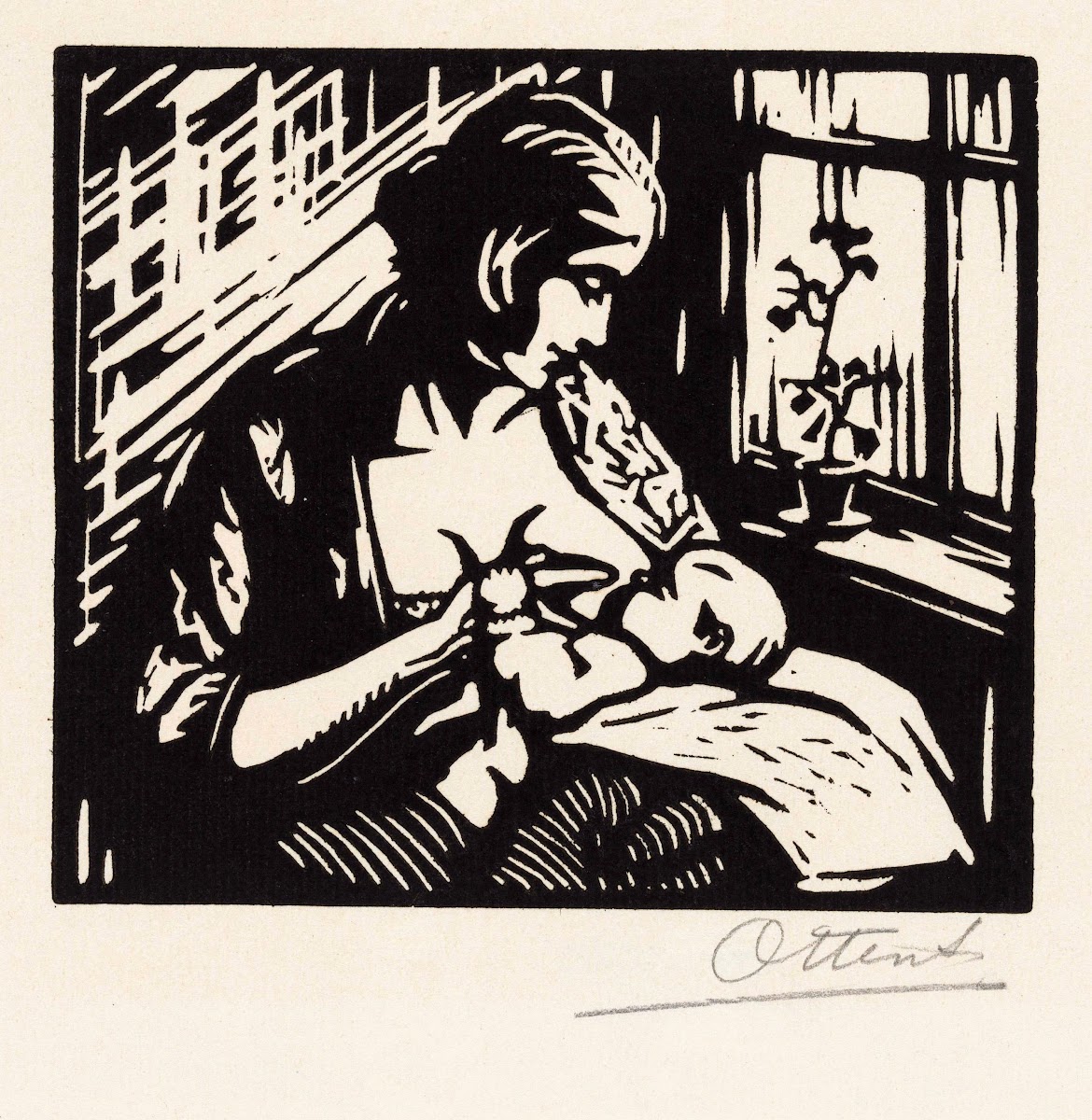 Vrouw die een kind borstvoeding geeft 1905