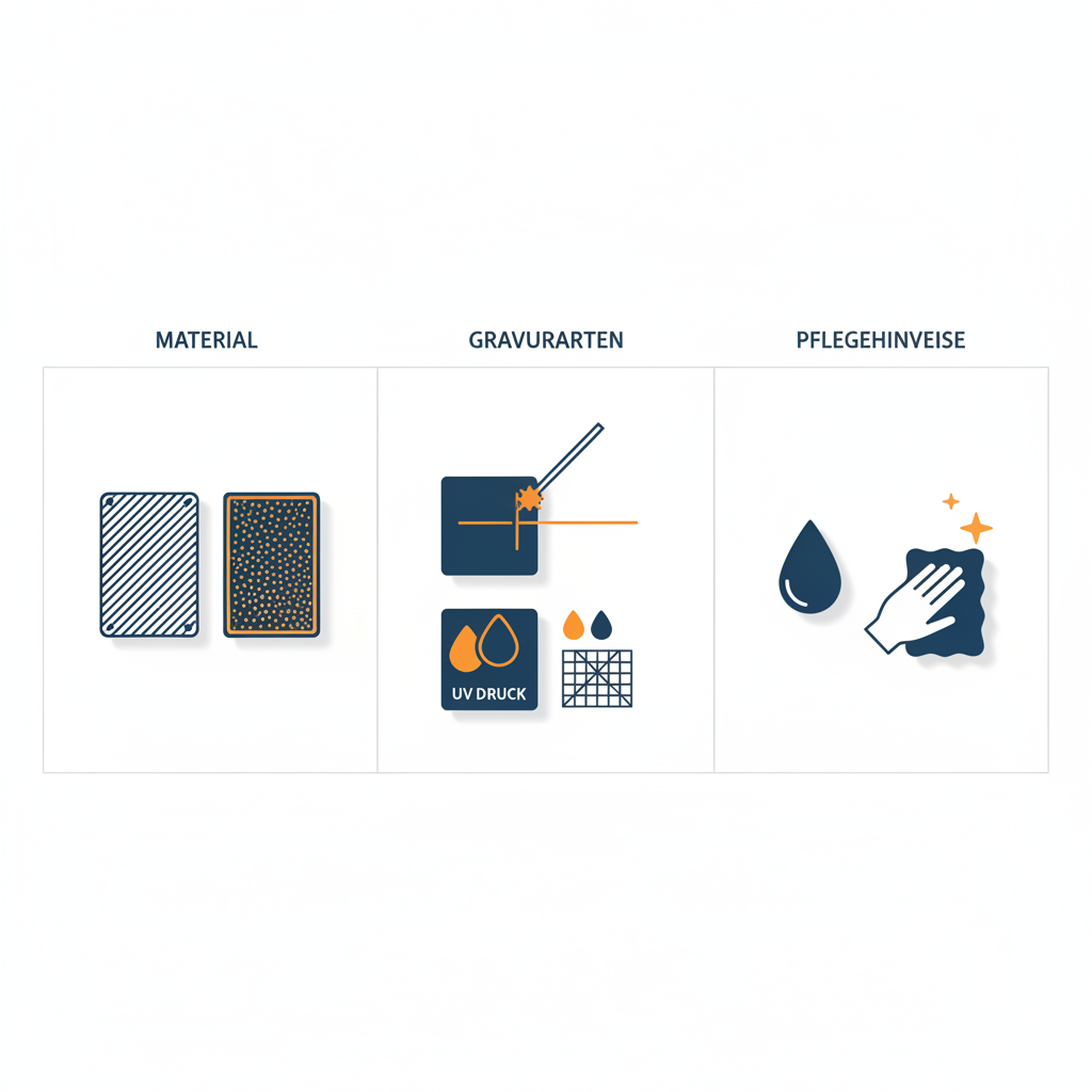 Minimalistische 2D-Vektor-Infografik mit Icons zu Materialien (Edelstahl, Cortenstahl), Gravurarten (Laser, UV‑Druck) und Pflegehinweisen für taufgeschenke in Steelmonks-Farben