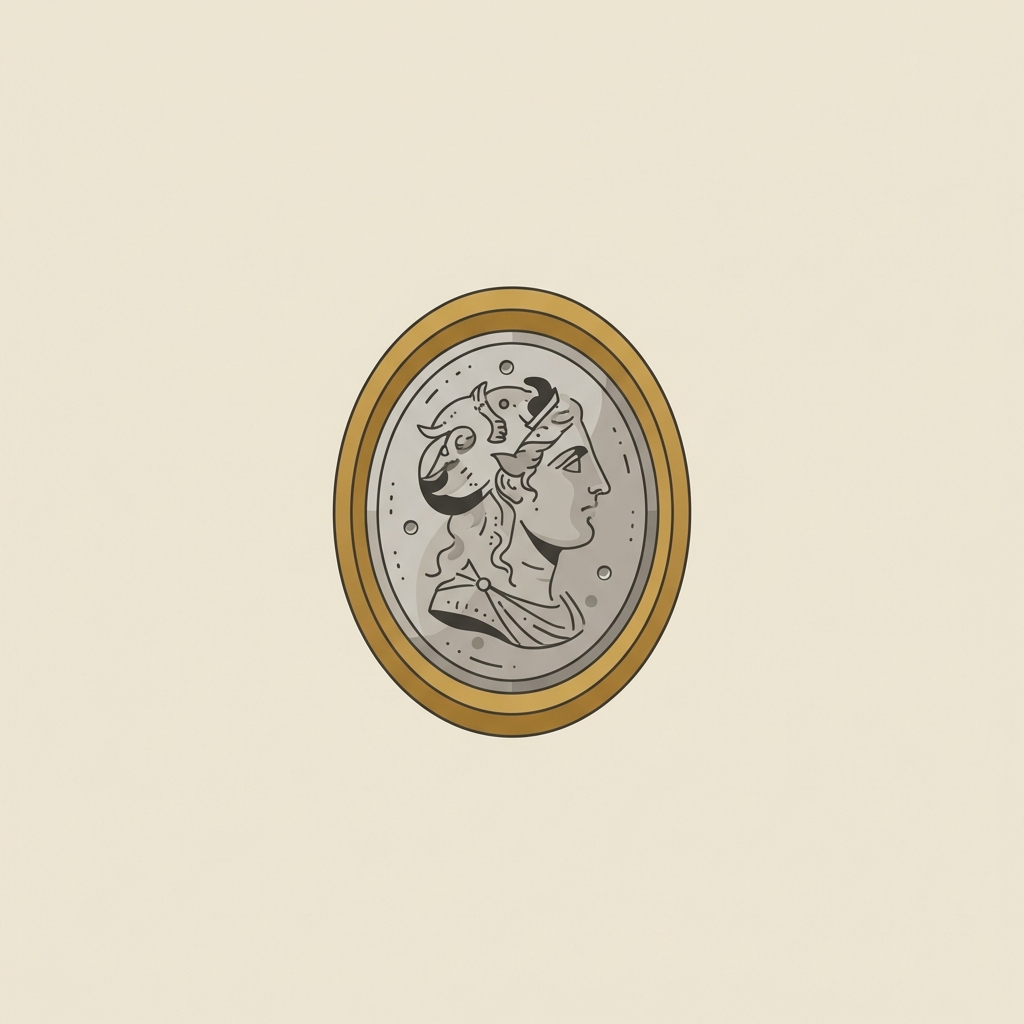 Minimalist 2D vector close up of a carnelian intaglio in a gold bezel showing drill marks and polish on warm beige background ancient egyptian scarab ring price