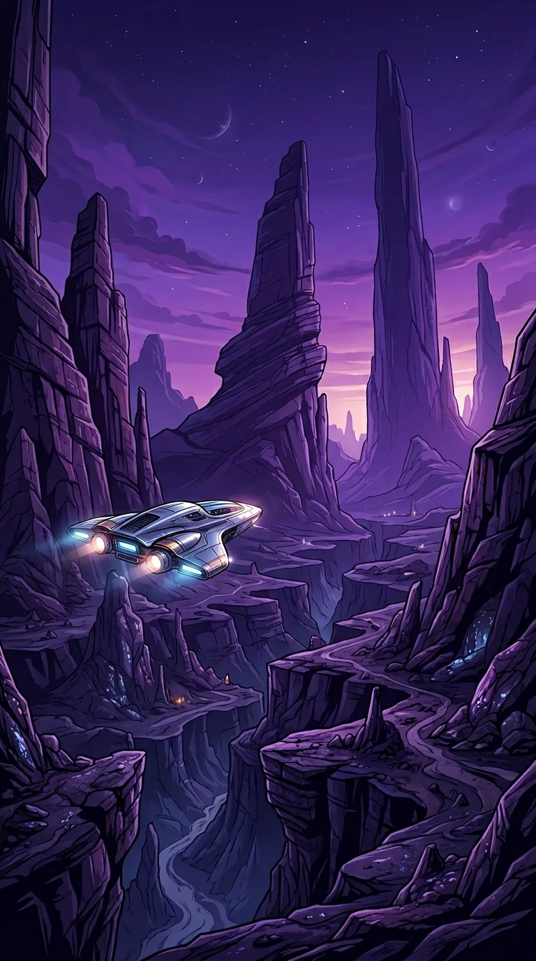 Futuristic Spacecraft Hovering in an Otherworldly Purple Canyon - Free 4K mobile Wallpaper