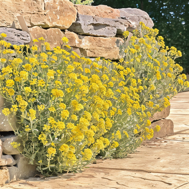 Alyssum montanum in fiore dorato in un giardino roccioso sotto il sole
