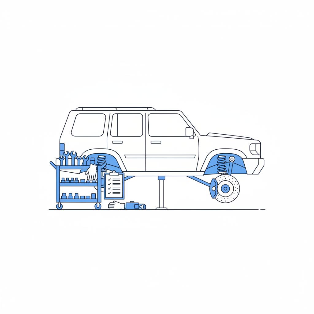 Minimal vector illustration of an off road SUV suspension inspection with tools clipboard and removed wheel in a clean garage scene used jeeps for sale near me