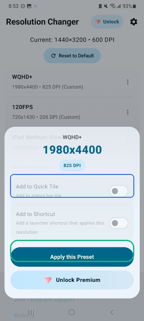 Apply Preset and Quick Tile Status Bar Toggle