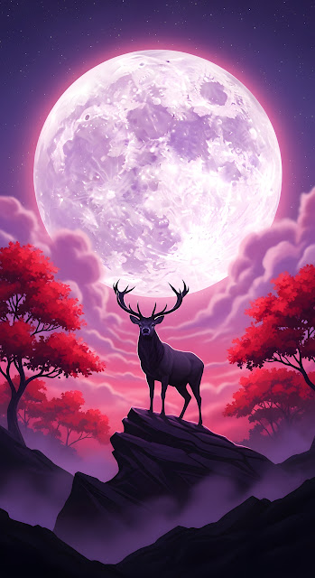 Stag Silhouette Under Giant Lavender Moon - Free mobile Wallpaper