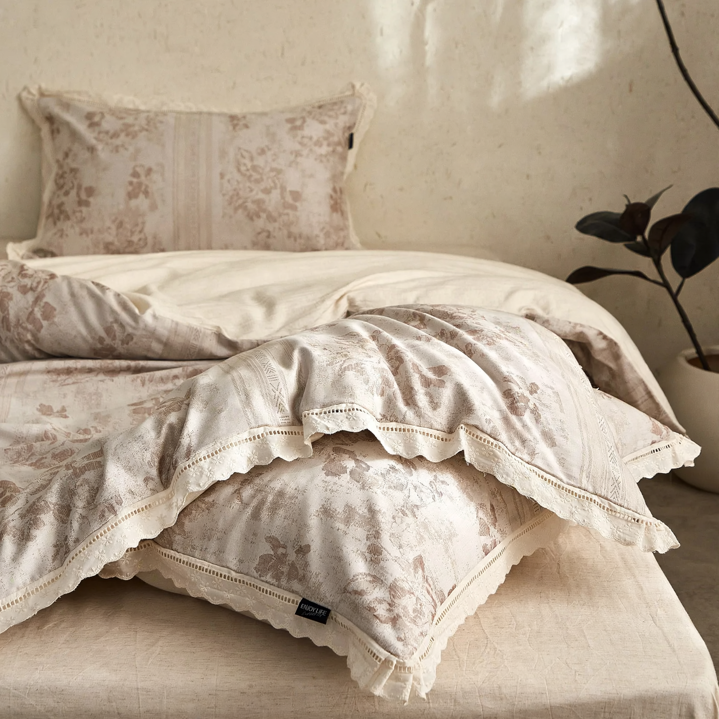 Cotton-linen bedding set, 4-piece, floral pattern
