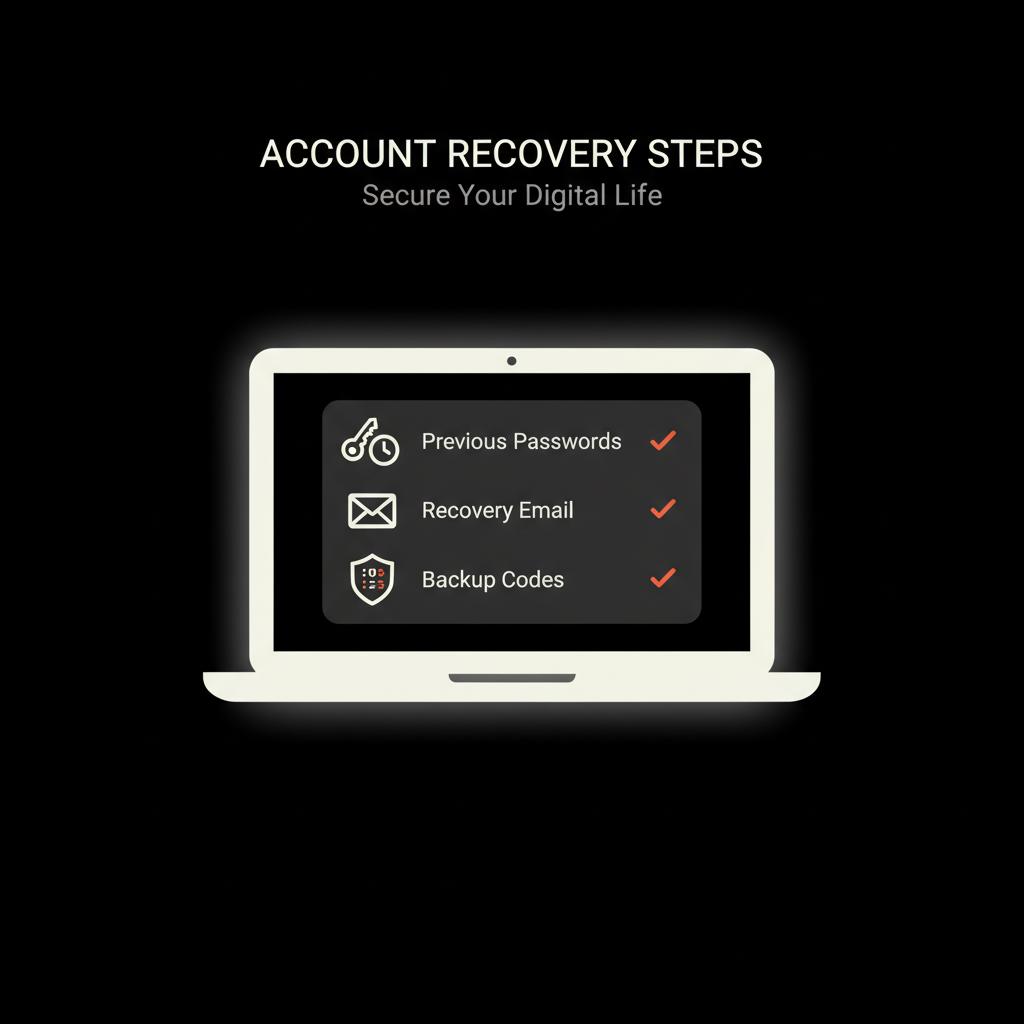 Minimal vector laptop infographic showing checklist icons for previous passwords, recovery email, backup codes in brand colors — recover gmail without password