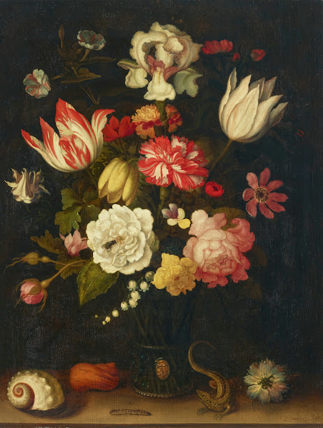 Tulips carnations roses and other flowers in a roemer with shells and a lizard o