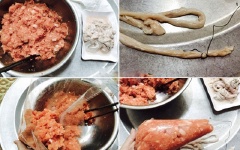 Chuẩn bị nhồi lạp xưởng, dùng chỉ thực phẩm buộc thật chặt 1 đầu của lòng heo. Dùng túi bóp kem cho đầy thịt đã ướp gia vị vào, cắt phần đầu nhọn của túi.