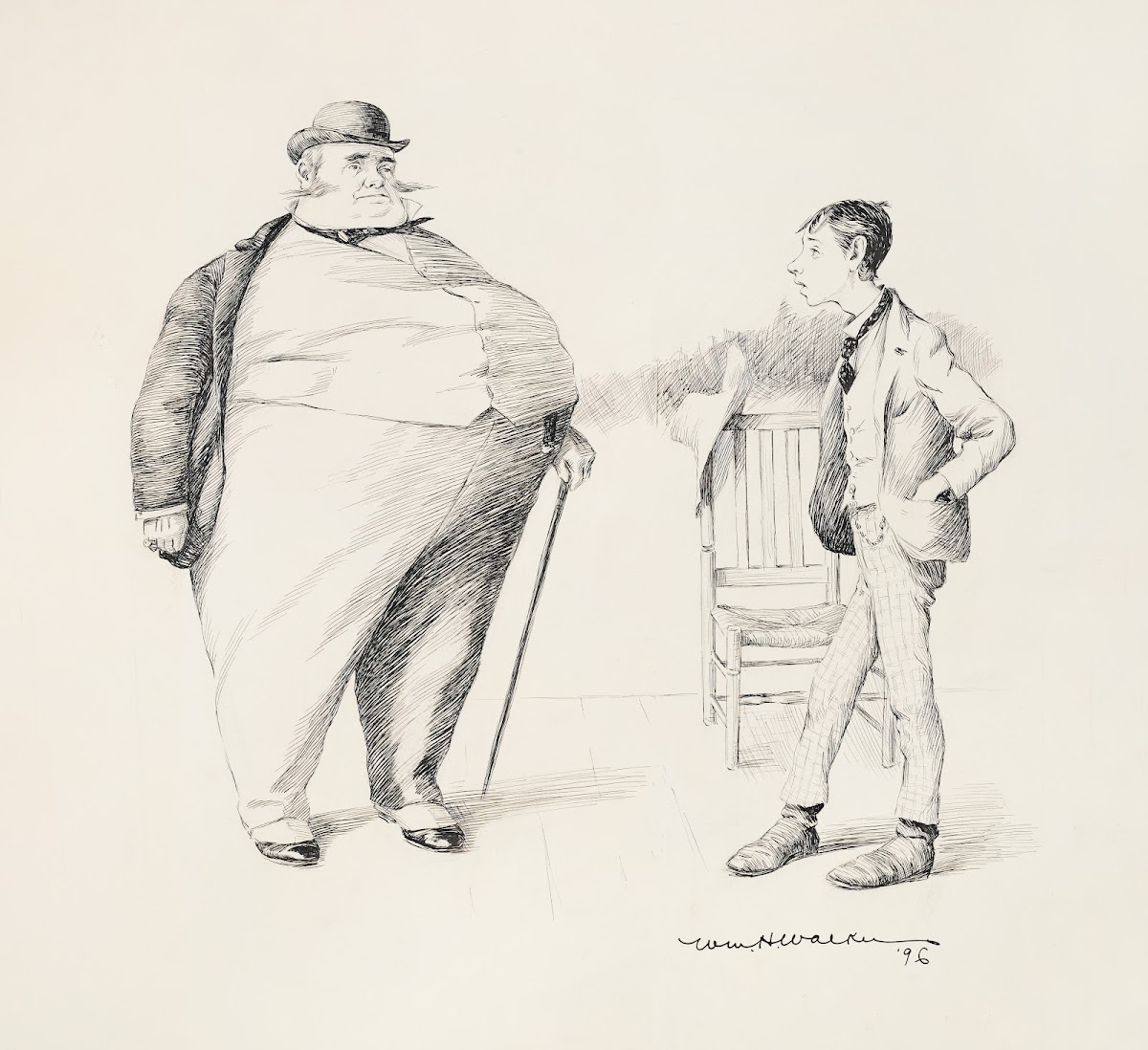 A thin young man talks to a large fat man 1896
