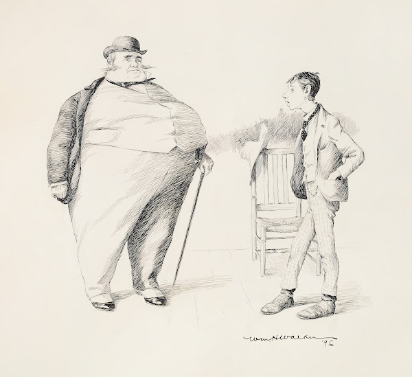 A thin young man talks to a large fat man 1896